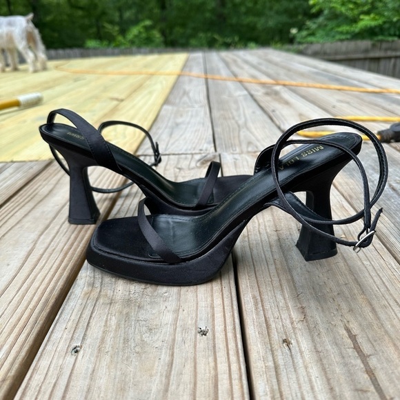 Miss Lola Mina Black Mini Platform Concave Heeled Satin Square Toe 90s Sandals - Picture 6 of 15